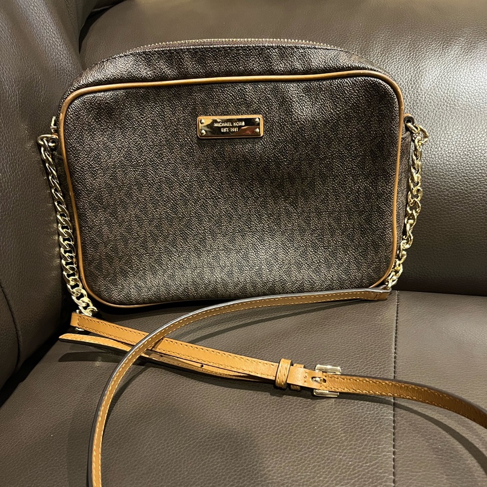 Michael Kors Brown Textured Crossbody Handbag with Gold Accents